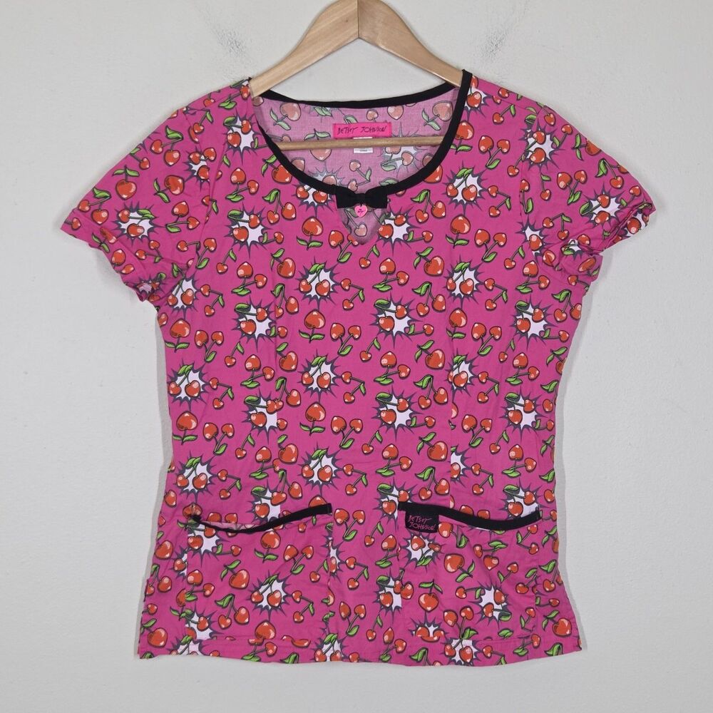 Betsy Johnson Scrub Top Pink Red Cherry Hearts S Pockets Healthcare Career